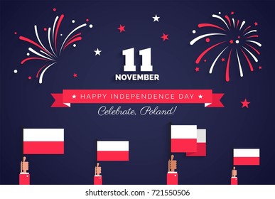 11 november. Poland Independence Day greeting card. Celebration background with fireworks, flags and text. Vector illustration