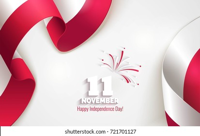 11 november. Poland Independence Day greeting card. Waving poland flags isolated on white background. Patriotic Symbolic background  Vector illustration