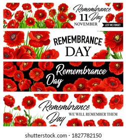 11 de noviembre: Carteles del Día del Recuerdo con flores de amapola. Diseño de tarjetas de felicitación vectorial con amapolas rojas para la conmemoración del armisticio de la Commonwealth de veteranos australianos, canadienses y británicos, Día de Anzac