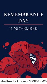 11 November Remembrance day vertical design template. Hand drawn vector sketch illustration