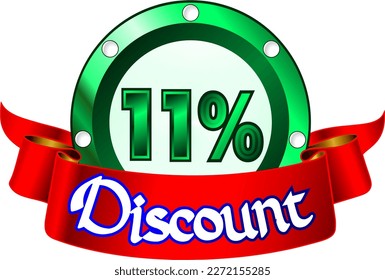 11% off, green disk and red ribbon, vector illustration for wholesale and retail, illustrative art, beautiful illustration, vector. God is good!
