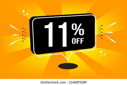 11% off. Orange banner with black balloon and special buy and sell offer