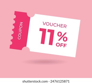 11% off Sale Voucher Coupon. Eleven percent promotion illustration. Tag label, sale banner with discount coupon. Pink Vector gift voucher.