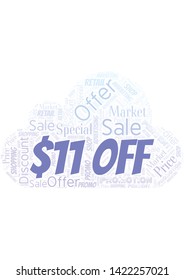 $11 Off word cloud. Wordcloud made with text only.
