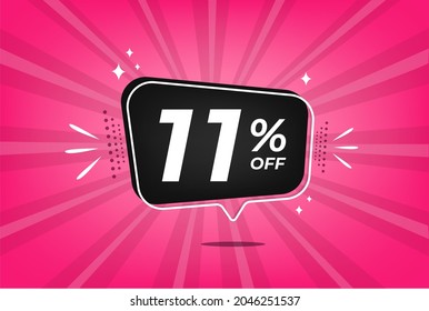 11 percent discount. Pink banner with floating balloon for promotions and offers.