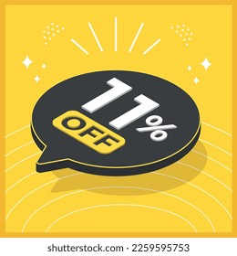 11% de descuento. Globo flotante 3D con promoción de ventas en fondo amarillo
