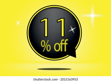 11 percent off black balloon and floating. with yellow background, banner 11% off yellow, shadow