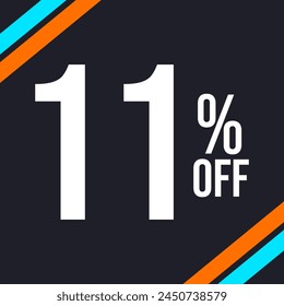 11 percent off in white, with dark background and diagonal strips in orange and blue