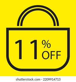 11 percent off. Yellow banner with shopping bag illustration. 