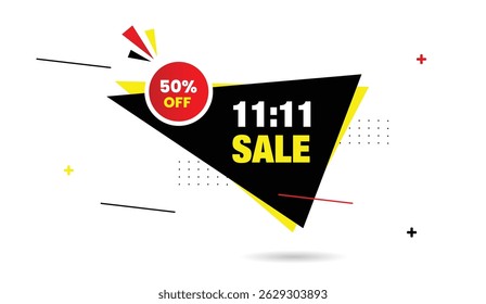 11 to 11 sale 50% off vector illustration icon editable web banner template design black yellow red gradient shapes light gray abstract business background modern promotional style