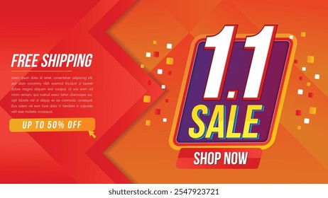 1.1 Sale banner January double day promotion template on red background.Special offer shop now for post social media, website, campaign.Vector illustration.