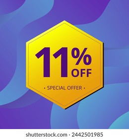 11% Sale and Discount Label. Eleven percent Sale Discount label Geometric design. Abstract Blue and Yellow Hexagon. Vector illustration.