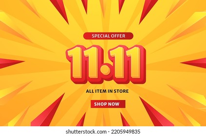 11 11 sale offer promotion discount banner template with 3d text with red and yellow color vibrant background