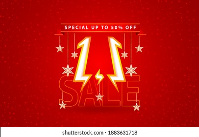 1.1 sale, 1.1 online sale, Flash Model Shopping day festival number date red with red background and sparkle snowflake, online shop sign, for poster, flyer, social media banner, label promotion store.