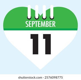 11 September calendar icon green heart shape on light sky blue color background, calendar vector symbol for the month of September.