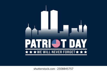 11 September Patriot Day background or banner design template with American flag and New York City. 911 Remembrance. holiday concept. 911 Patriot Day we will never forget text banner.