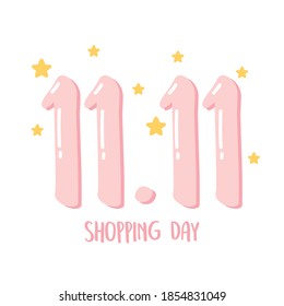 11 11 día de compras, números de burbujas y ilustración vectorial de tarjeta de diseño de estrellas