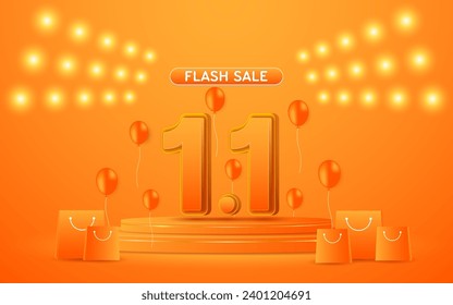 1.1 Día de compras Flash Sale número 1.1 está en un podio naranja. Para promociones de sitios web o medios sociales y compras en línea.	