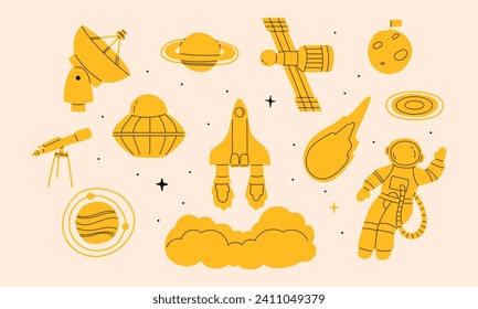 11 space stickers in doodle style. Vector illustration