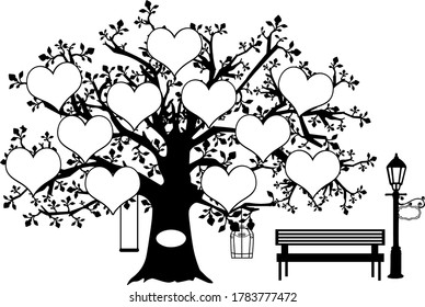 11 spots heart family tree template with swings and bench 