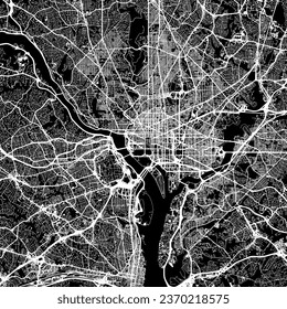 1:1 square aspect ratio vector road map of the city of Washington Metro District of Columbia in the United States of America with white roads on a black background.