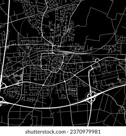 1:1 square aspect ratio vector road map of the city of Unna in Germany with white roads on a black background.