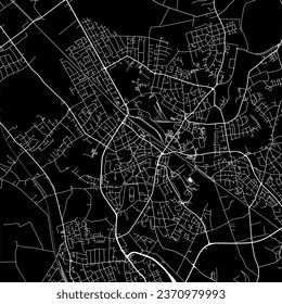 1:1 square aspect ratio vector road map of the city of Dinslaken in Germany with white roads on a black background.