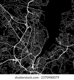1:1 square aspect ratio vector road map of the city of Kiel in Germany with white roads on a black background. svg