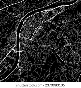 1:1 square aspect ratio vector road map of the city of Trier in Germany with white roads on a black background.