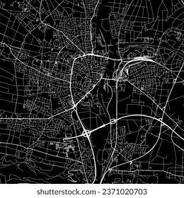 1:1 square aspect ratio vector road map of the city of Minden in Germany with white roads on a black background.