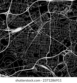 1:1 square aspect ratio vector road map of the city of Oberhausen in Germany with white roads on a black background.