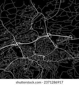 1:1 square aspect ratio vector road map of the city of Iserlohn in Germany with white roads on a black background.