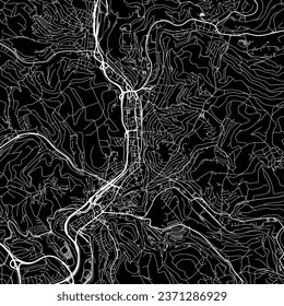1:1 square aspect ratio vector road map of the city of Siegen in Germany with white roads on a black background.