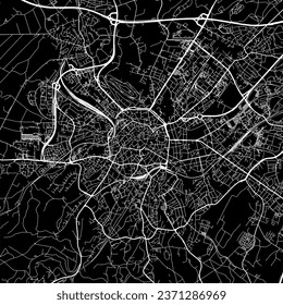 1:1 square aspect ratio vector road map of the city of Aachen in Germany with white roads on a black background.