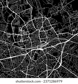 1:1 relación de aspecto cuadrado hoja de ruta vectorial de la ciudad de Essen en Alemania con caminos blancos sobre fondo negro.