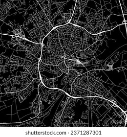 Hoja de ruta vectorial de relación de aspecto cuadrado de 1:1 de la ciudad de Oldenburg en Alemania con caminos blancos sobre fondo negro.