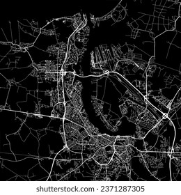 1:1 relación de aspecto cuadrado hoja de ruta vectorial de la ciudad de Rostock en Alemania con caminos blancos sobre fondo negro.