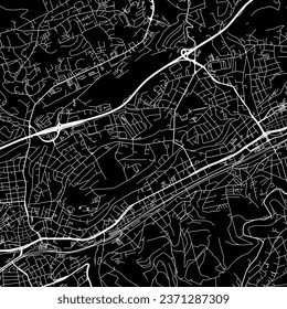 1:1 square aspect ratio vector road map of the city of Wuppertal in Germany with white roads on a black background.