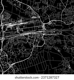 1:1 quadratisches Seitenverhältnis, Vektorkarte der Stadt Wolfsburg in Deutschland mit weißen Straßen auf schwarzem Hintergrund.