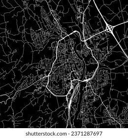 1:1 square aspect ratio vector road map of the city of Kempten in Germany with white roads on a black background.