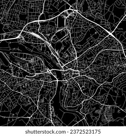 1:1 square aspect ratio vector road map of the city of Mulheim in Germany with white roads on a black background.