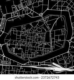 1:1 square aspect ratio vector road map of the city of Lucca Centro in Italy with white roads on a black background.