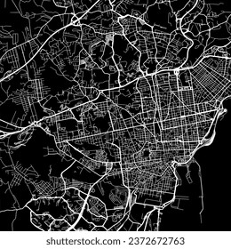 1:1 square aspect ratio vector road map of the city of Catania in Italy with white roads on a black background.