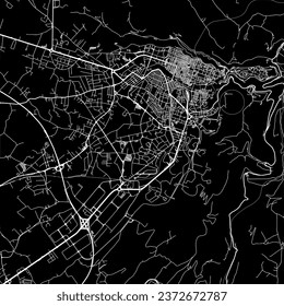 1:1 square aspect ratio vector road map of the city of Ragusa in Italy with white roads on a black background.