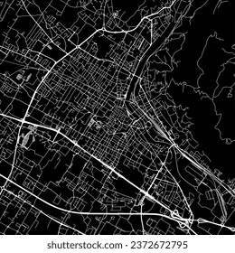 1:1 square aspect ratio vector road map of the city of Prato in Italy with white roads on a black background.