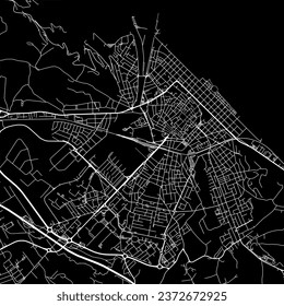 1:1 square aspect ratio vector road map of the city of Pesaro in Italy with white roads on a black background.