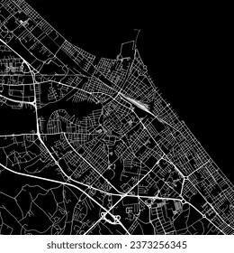 1:1 square aspect ratio vector road map of the city of Rimini in Italy with white roads on a black background.