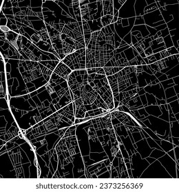 1:1 square aspect ratio vector road map of the city of Udine in Italy with white roads on a black background.
