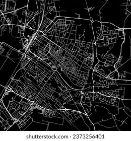 1:1 square aspect ratio vector road map of the city of Ferrara in Italy with white roads on a black background.