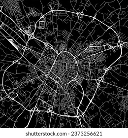 1:1 square aspect ratio vector road map of the city of Lecce in Italy with white roads on a black background.